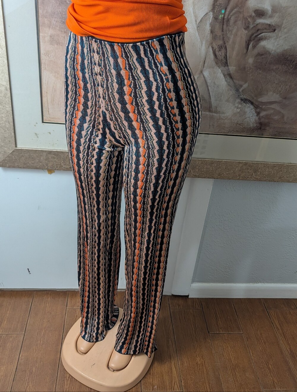 NBD x REVOLVE Grayson Orange Multi Chevron Flared Knit Pants Size XS
